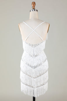 Weißes figurbetontes Kleid mit V-Ausschnitt und Quaste