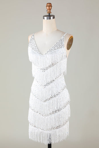Weißes figurbetontes Kleid mit V-Ausschnitt und Quaste