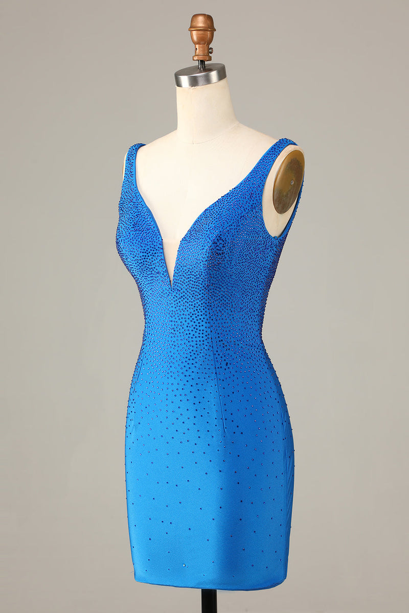 Laden Sie das Bild in den Galerie-Viewer, Mantel Tiefer V-Ausschnitt Blaues kurzes Cocktailkleid mit Perlen