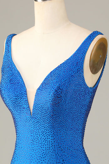 Mantel Tiefer V-Ausschnitt Blaues kurzes Cocktailkleid mit Perlen