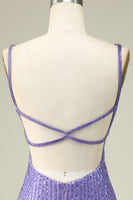 Laden Sie das Bild in den Galerie-Viewer, Etui Spaghettiträger Lila Pailletten Kurzes Abiballkleid