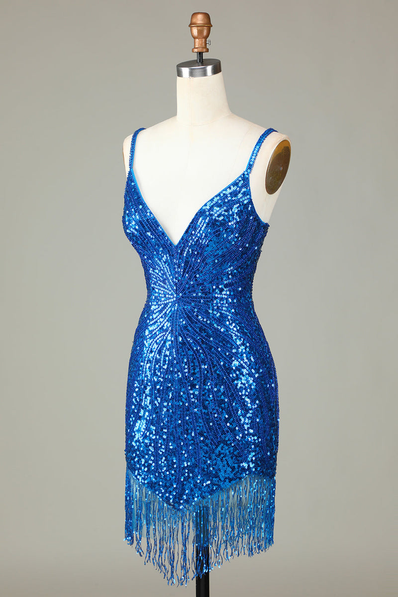 Laden Sie das Bild in den Galerie-Viewer, Etui Spaghettiträger Pfau Blaue Pailletten 1920er Jahre Kleid mit Quaste
