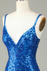 Laden Sie das Bild in den Galerie-Viewer, Etui Spaghettiträger Pfau Blaue Pailletten 1920er Jahre Kleid mit Quaste