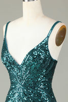 Laden Sie das Bild in den Galerie-Viewer, Glitzerndes Bodycon Spaghettiträger Blaues Pailletten Kurzes Cocktailkleid mit Quaste