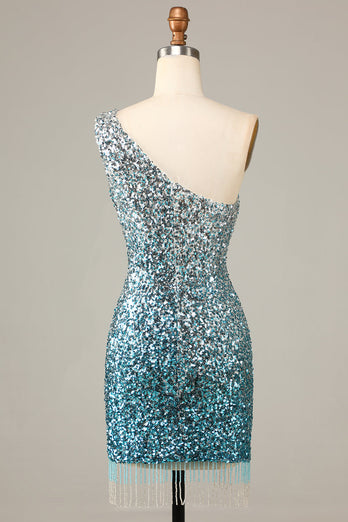 Glitzerndes Bodycon Eine Schulter Blau Pailletten Kurzes Cocktailkleid mit Quaste