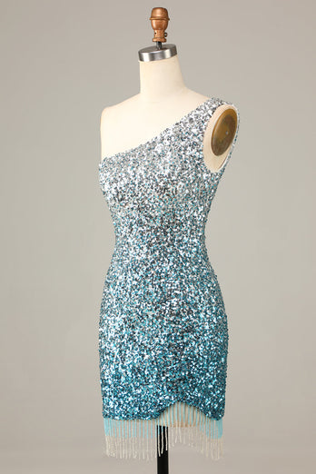 Glitzerndes Bodycon Eine Schulter Blau Pailletten Kurzes Cocktailkleid mit Quaste