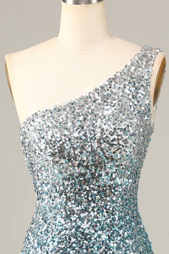 Glitzerndes Bodycon Eine Schulter Blau Pailletten Kurzes Cocktailkleid mit Quaste