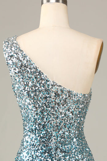 Glitzerndes Bodycon Eine Schulter Blau Pailletten Kurzes Cocktailkleid mit Quaste