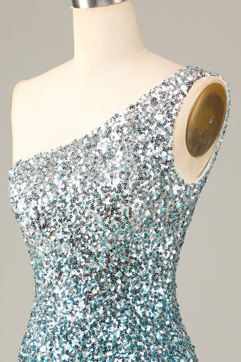 Glitzerndes Bodycon Eine Schulter Blau Pailletten Kurzes Cocktailkleid mit Quaste