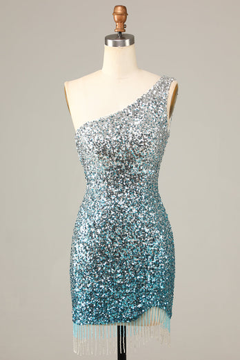 Glitzerndes Bodycon Eine Schulter Blau Pailletten Kurzes Cocktailkleid mit Quaste