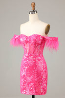 Laden Sie das Bild in den Galerie-Viewer, Schulterfreie Scheide Blaues kurzes Abiballkleid mit Feder