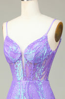 Laden Sie das Bild in den Galerie-Viewer, Stilvolle Bodycon Spaghettiträger Flieder Pailletten Korsett Abiballkleid mit Schnürung
