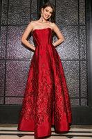 Laden Sie das Bild in den Galerie-Viewer, Langes A-Linie Trägerloses dunkelrotes Korsett Ballkleid mit Accessoire