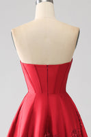 Laden Sie das Bild in den Galerie-Viewer, Elegantes A-Linie trägerloses dunkelrotes langes Ballkleid im Prinzessin-Stil mit 3D-Blume