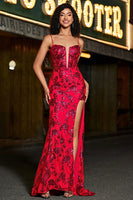 Laden Sie das Bild in den Galerie-Viewer, Meerjungfrauen Spaghettiträger Dunkelrotes Korsett Ballkleid mit Schlitz