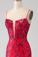 Laden Sie das Bild in den Galerie-Viewer, Meerjungfrau Dunkelrotes Pailletten Ballkleid mit Schlitz