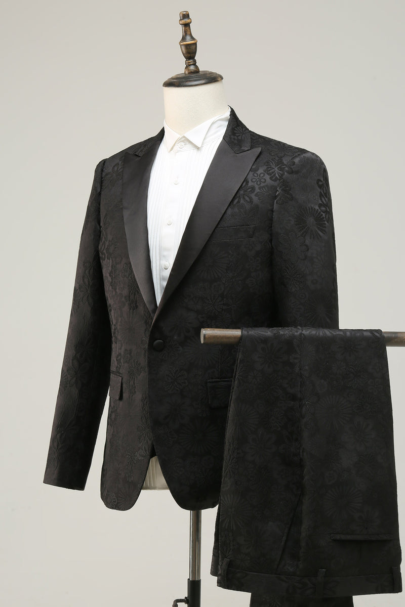 Laden Sie das Bild in den Galerie-Viewer, Peak Revers schwarzer Jacquard-Anzug für Herren