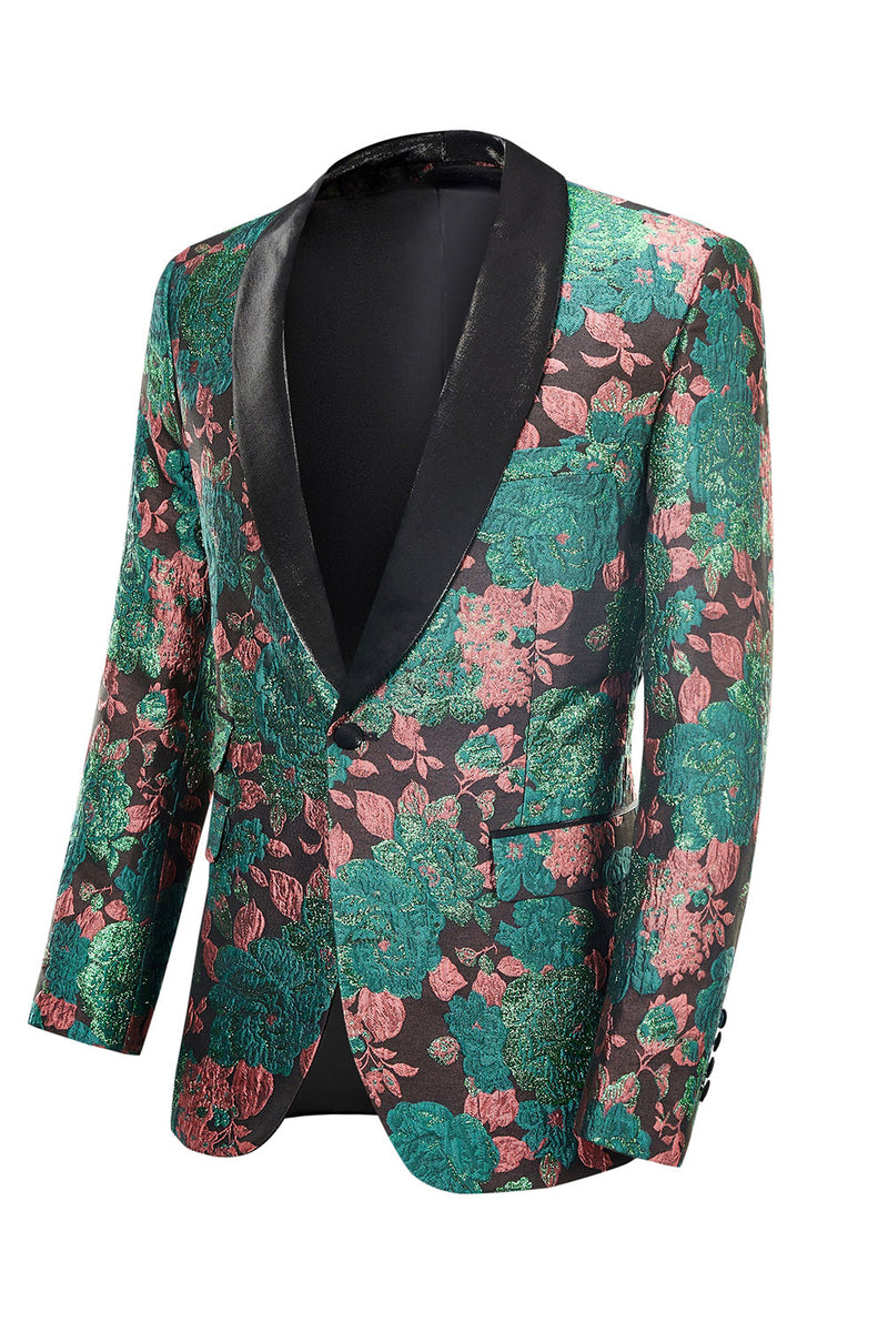 Laden Sie das Bild in den Galerie-Viewer, Grüner Schal Revers Jacquard Blumenmuster Herren Party Anzugjacke Blazer