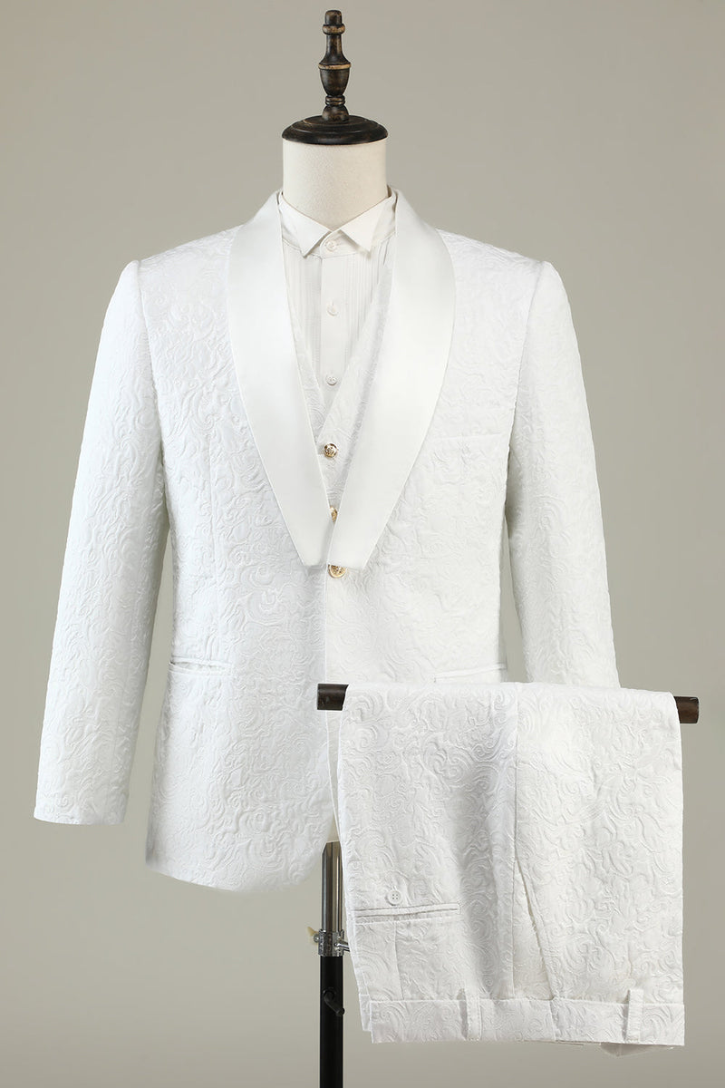 Laden Sie das Bild in den Galerie-Viewer, Weißer Jacquard-Schal Revers 3-teilige Ball Anzüge
