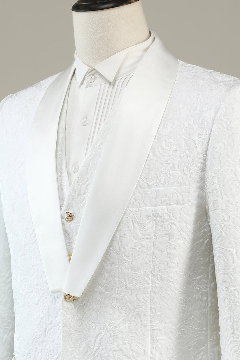 Laden Sie das Bild in den Galerie-Viewer, Weißer Jacquard-Schal Revers 3-teilige Ball Anzüge