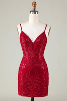 Laden Sie das Bild in den Galerie-Viewer, Glitzerndes königsblaues Pailletten Spaghettiträger Enges kurzes Abiballkleid