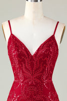Laden Sie das Bild in den Galerie-Viewer, Glitzerndes dunkelrotes Pailletten Spaghettiträger Enges kurzes Abiballkleid
