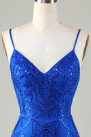 Laden Sie das Bild in den Galerie-Viewer, Glitzerndes dunkelrotes Pailletten Spaghettiträger Enges kurzes Abiballkleid