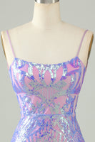 Laden Sie das Bild in den Galerie-Viewer, Glitzerndes lila Pailletten rückenfreies enges kurzes Abiballkleid