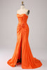Laden Sie das Bild in den Galerie-Viewer, Orange Meerjungfrau Herzausschnitt Langes glitzerndes Ballkleid mit Schlitz