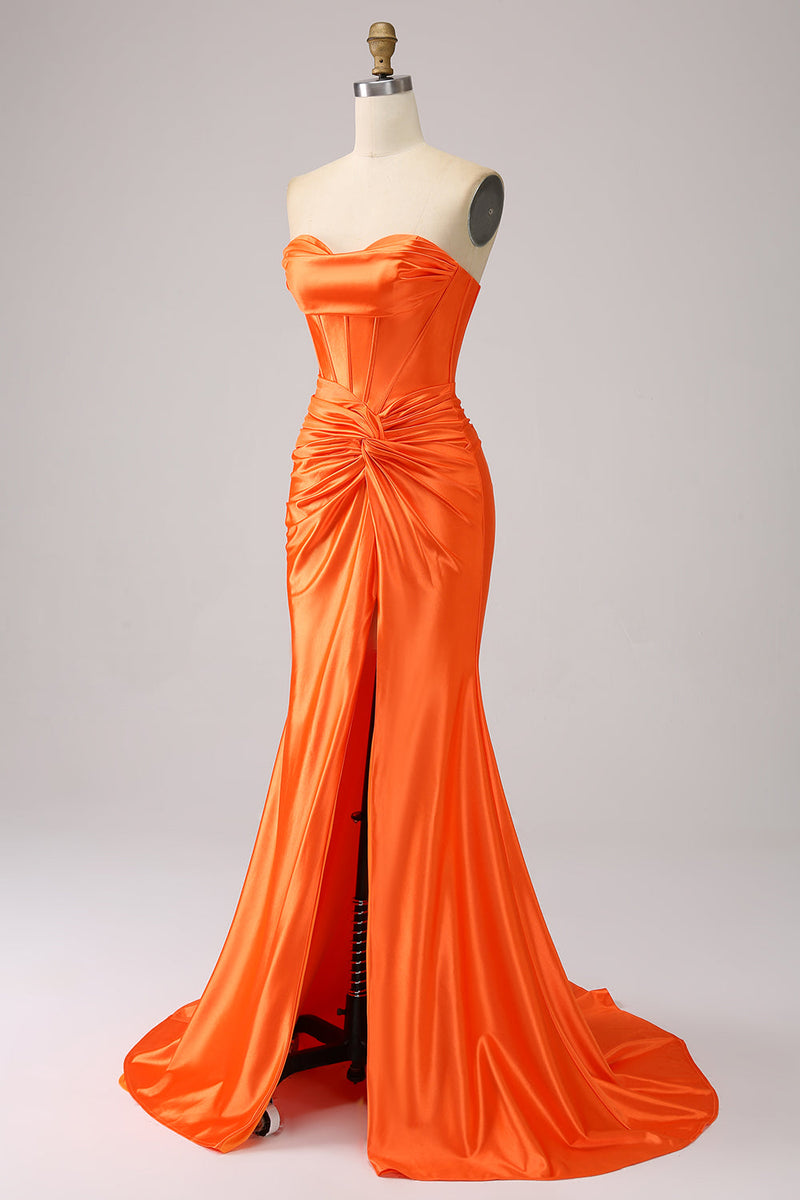 Laden Sie das Bild in den Galerie-Viewer, Orange Meerjungfrau Herzausschnitt Langes glitzerndes Ballkleid mit Schlitz