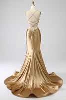 Laden Sie das Bild in den Galerie-Viewer, Goldenes Meerjungfrauen Spaghettiträger Satin Ballkleid mit Schnürung