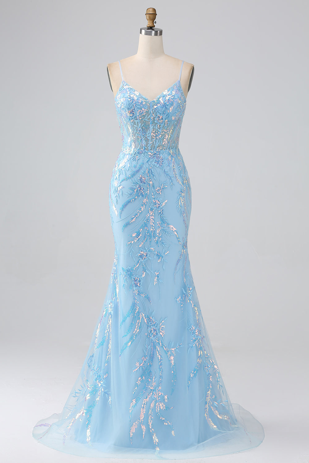 Glitzerndes Hellblaues Meerjungfrauen Spaghettiträger Langes Ballkleid mit Perlen