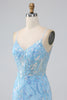 Laden Sie das Bild in den Galerie-Viewer, Glitzerndes hellblaues Meerjungfrauen -Spaghettiträger langes Ballkleid mit Perlen