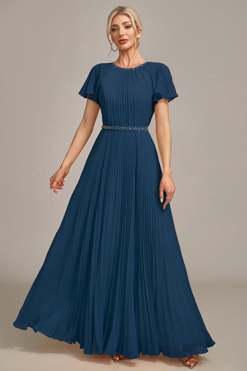 Laden Sie das Bild in den Galerie-Viewer, Marineblaues A-Linie Kleid mit Rundhalsausschnitt und kurzen Ärmeln
