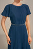 Laden Sie das Bild in den Galerie-Viewer, Marineblaues A-Linie Kleid mit Rundhalsausschnitt und kurzen Ärmeln