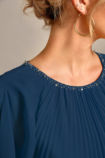 Marineblaues A-Linie Kleid mit Rundhalsausschnitt und kurzen Ärmeln