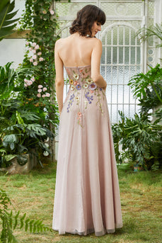 Elegantes A Linie trägerloses Blush langes Hochzeitsgastkleid mit 3D-Blumen