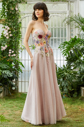 Elegantes A Linie trägerloses Blush langes Hochzeitsgastkleid mit 3D-Blumen