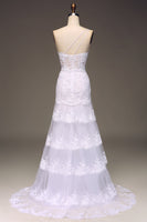 Laden Sie das Bild in den Galerie-Viewer, Glitzerndes dunkles marineblaues gestuftes Spitzenkleid mit einer Schulter und langem Schlitz