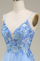 Laden Sie das Bild in den Galerie-Viewer, Funkelnd Blaues Tüll Ballkleid mit Applikationen