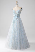 Laden Sie das Bild in den Galerie-Viewer, Hellblaues schulterfreies Korsett Ballkleid in A-Linie