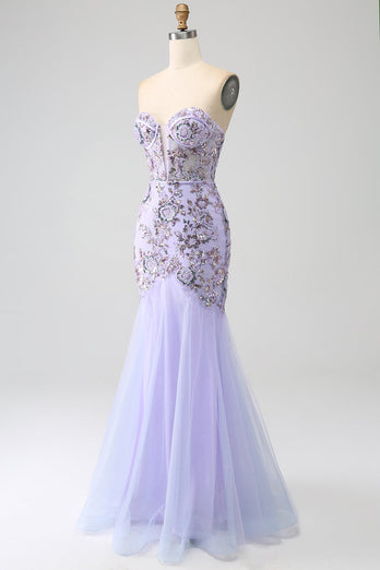 Meerjungfrau Trägerloses Lavendel Korsett Ballkleid mit Perlen