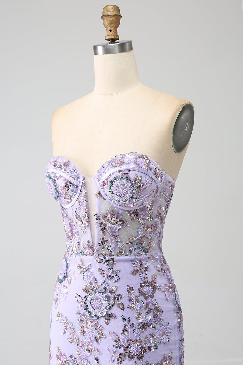 Laden Sie das Bild in den Galerie-Viewer, Meerjungfrau Trägerloses Lavendel Korsett Ballkleid mit Perlen