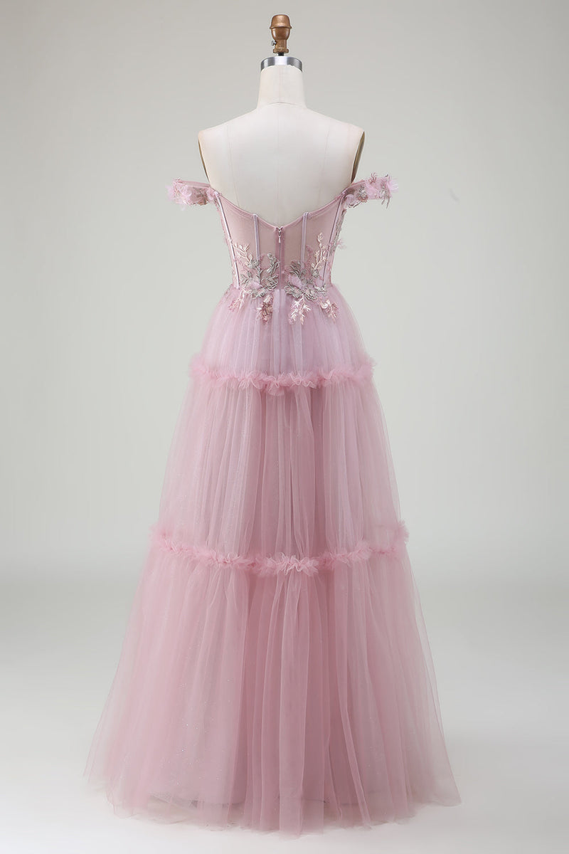 Laden Sie das Bild in den Galerie-Viewer, Schulterfreies rosa Ballkleid aus Tüll mit Applikationen