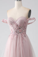 Laden Sie das Bild in den Galerie-Viewer, Schulterfreies A-Linie Perlen Ballkleid mit Schlitz