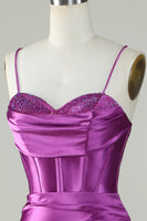 Laden Sie das Bild in den Galerie-Viewer, Dunkellila Spaghettiträger Meerjungfrau Langes Ballkleid mit Schlitz