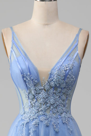 Hellblaues A-Linie Kleid aus Tüll mit V-Ausschnitt und Applikationen
