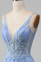 Laden Sie das Bild in den Galerie-Viewer, Hellblaues A-Linie Kleid aus Tüll mit V-Ausschnitt und Applikationen