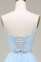 Laden Sie das Bild in den Galerie-Viewer, Glitzerndes hellblaues Ballkleid aus Tüll in A-Linie mit Applikationen