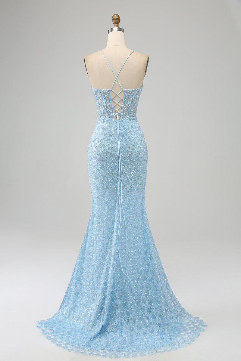 Laden Sie das Bild in den Galerie-Viewer, Glitzer himmelblaues Spaghettiträger Meerjungfrau Abendkleid mit Schlitz